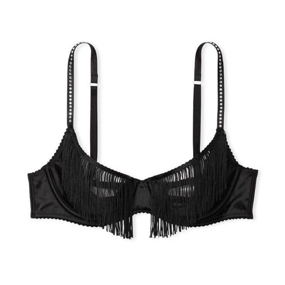 Victoria's Secret VERY SEXY Fringe Open Quarter Cup Shine Strap Bra L Black